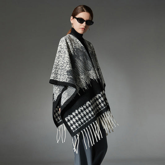 Maribel Houndstooth Tassel Cloak