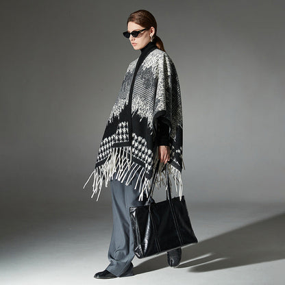 Maribel Houndstooth Tassel Cloak
